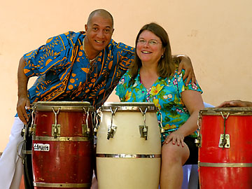 Carol and her drumming instructor at the Teatro Brunet in Trinidad